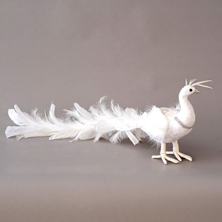 PEACOCK WHITE, WITH GLITTER AND FEATHERS, 65cm