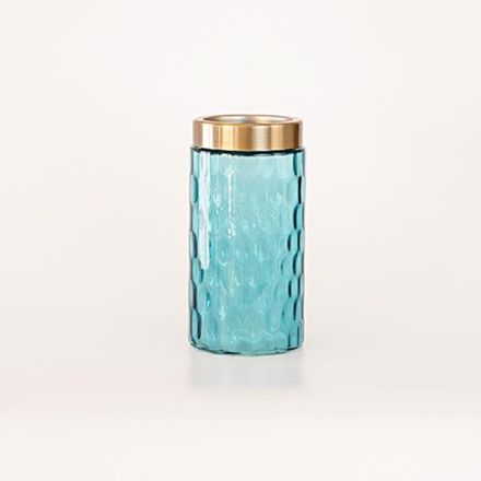 GLASS VASE, LIGHT BLUE, WITH GOLD, 10x11x22cm