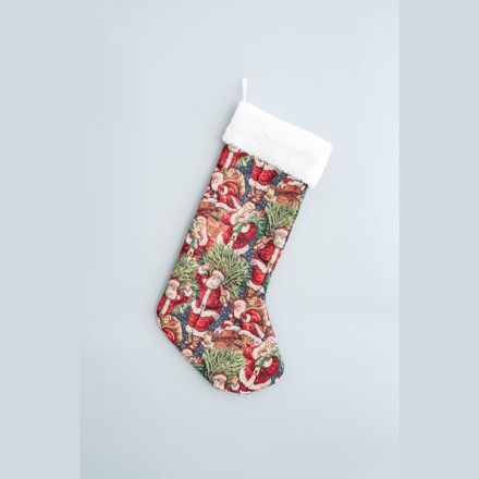 SOCK, BLUE WITH SANTA, WITH WHITE FUR, 50x28cm