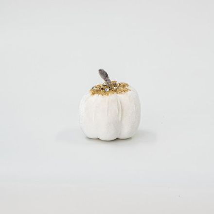 VELVET PUMPKIN, WHITE, WITH GOLD GLITTER, 8cm