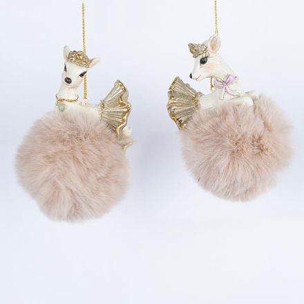 POLYRESIN HANGING ORNAMENT, REINDEER IN CHAMPAGNE PON PON, 2 DESIGNS, 6x11cm