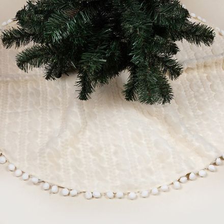 TREE SKIRT, WHITE WITH POM POM, 114cm