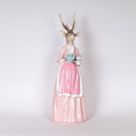 POLYRESIN MRS DEER, PINK, WITH TEAPOT, 21.5x20.5x62cm