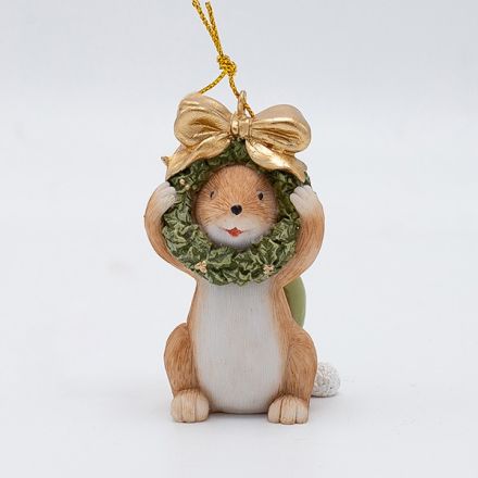 POLYRESIN HANGING ORNAMENT, MOUSE WITH WREATH, GREEN,  4x7cm