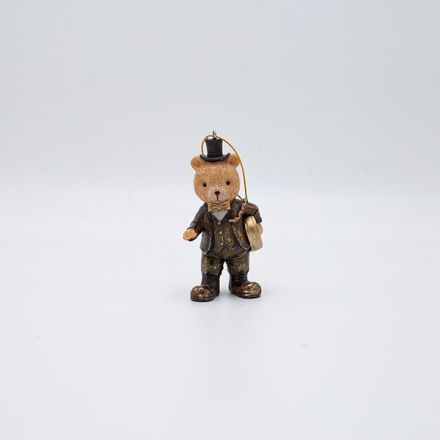 POLYRESIN HANGING ORNAMENT, VINTAGE BEAR WITH CLOCK, 5x9.5cm