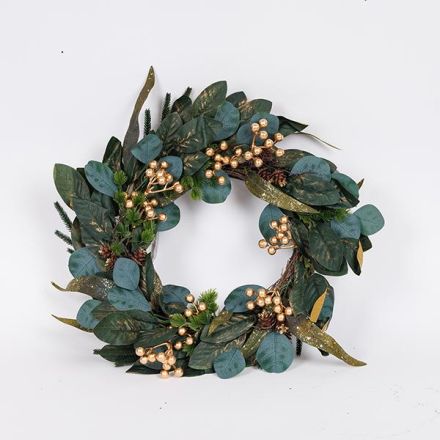 WREATH WITH GREEN, GOLD LEAVES AND CHAMPAGNE BERRIES, 50cm