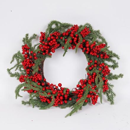 ΣΤΕΦΑΝΙ ΜΕ ΚΟΚΚΙΝΑ BERRIES ΚΑΙ ΚΛΑΔΙ ΕΛΑΤΟΥ, 50cm