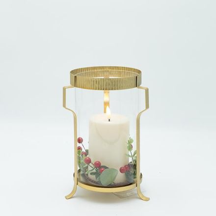METAL LANTERN WITH GOLD DETAILS AND CANDLE, 15x22cm