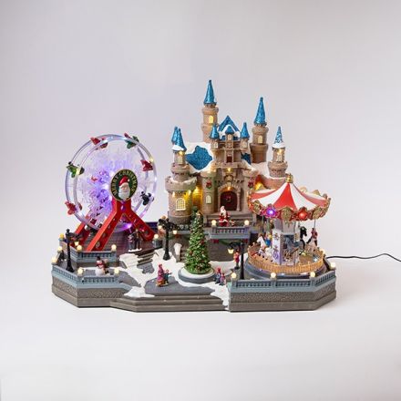 FAIRYTALE CASTLE, WITH FERRIS WHEEL AND CAROUSEL, LIGHTED, WITH TRANSFORMER, 62x36.5x47cm