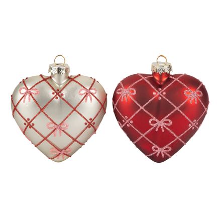 GLASS ORNAMENT HEART, RED AND SILVER, WITH PINK BOWS, 2 DESIGNS, 8x5cm