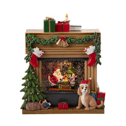 FIREPLACE, WITH CHRISTMAS SCENE AND DOG, WITH WATER INSIDE, BATTERY-OPERATED, 19.5x9.3x23cm