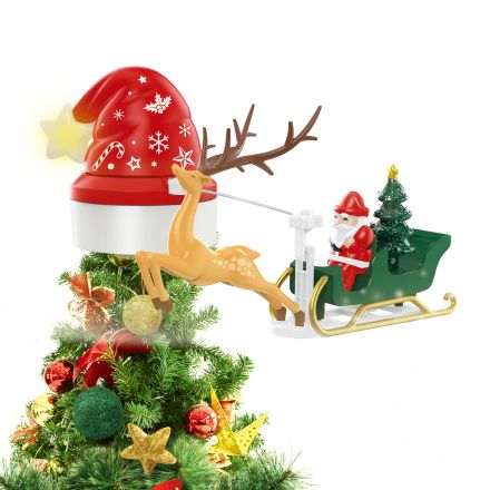 TREE TOPPER SANTA HAT, WITH SLEIGH, ROTATING, 73x35x29cm