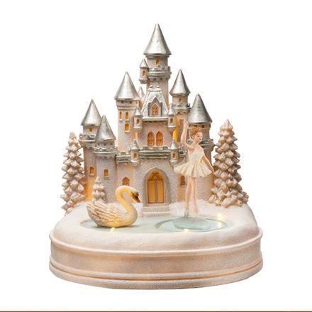 FAIRY-TALE CASTLE WITH BALLERINA AND SWAN, WITH MUSIC AND MOVEMENT, BATTERY-OPERATED, 20x18.5x22.5cm