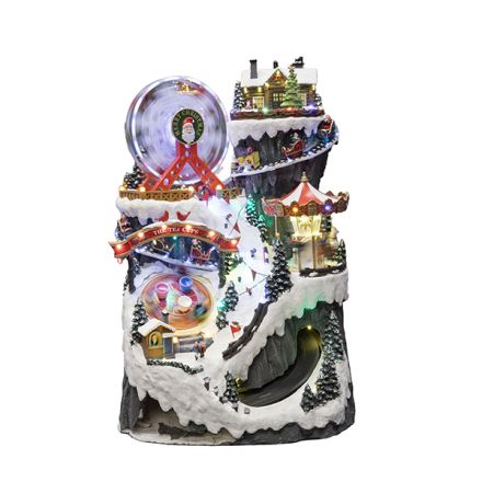 WINTER AMUSEMENT PARK WITH FERRIS WHEEL, TRAIN AND CAROUSEL, WITH MUSIC AND MOTION, WITH ADAPTOR,  49.5x44.5x75.5cm