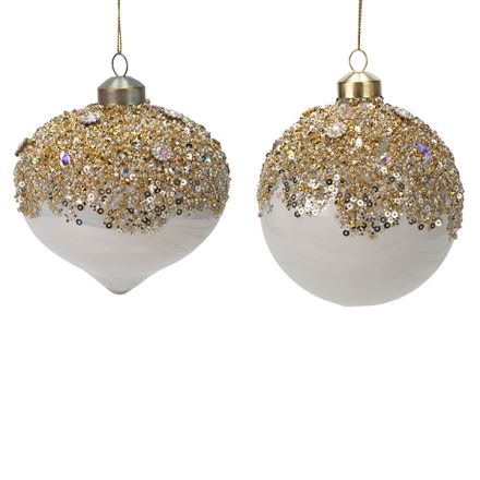 ΓΥΑΛΙΝΗ ΜΠΑΛΑ ΛΕΥΚΗ ΠΑΣΠΑΛΙΣΜΕΝΗ ΜΕ ΧΡΥΣΟ GLITTER, 2 ΣΧΗΜΑΤΑ, ΣΕΤ 4ΤΜΧ, 10cm