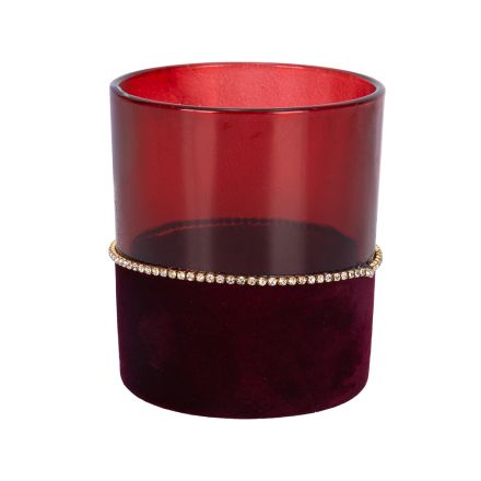 GLASS TEA LIGHT CANDLE HOLDER, TRANSPARENT BURGUNDY WITH RHINESTONE CHAIN, 9x9x10cm