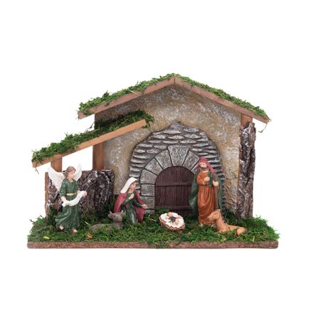 NATIVITY SCENE WITH 6 FIGURES AND TREE BARK DETAILS, 30x12x20cm
