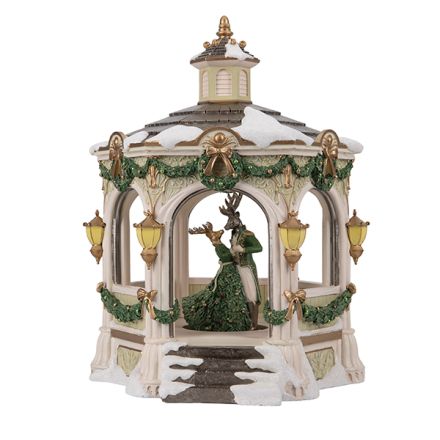 PAIR OF DANCING REINDEERS IN CHRISTMAS KIOSK, POLYRESIN, WITH LIGHT, MUSIC, AND MOTION, BATTERY OPERATED, 35x33x43.4cm