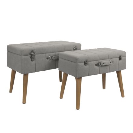 S/2 STOOL VELVET GREY WOODEN LEGS SUITCASE DESIGN 62x36x48cm/ 52x31x43cm