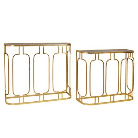 S/2 CONSOLE METAL GOLD WITH BLACK GLASS TOP 100x30x82cm / 90x27x73cm