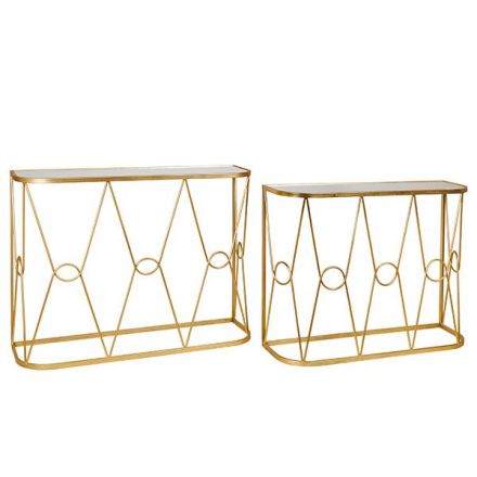S/2 CONSOLE METAL GOLD WITH TOP MIRROR 100x30x75cm / 90x26.5x70cm