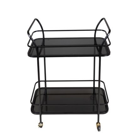 TROLLEY METAL BLACK WITH GLASS AND  WHEELS 54x33x84cm