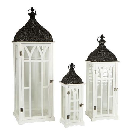 S/3 ΦΑΝΑΡΙΑ ΜΕΤΑΛΛΙΚΑ - ΞΥΛΙΝΑ ΛΕΥΚΑ 31.5x31.5x97cm /24.5x24.5x72cm/ 17x17x49.5cm