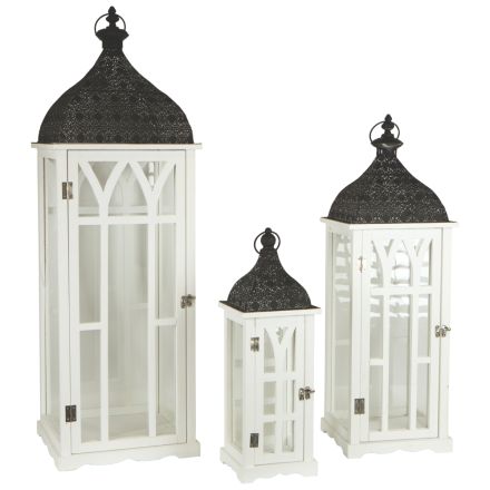 S/3 LANTERNS WOODEN WHITE METAL 31.5x31.5x97cm /24.5x24.5x72cm/ 17x17x49.5cm