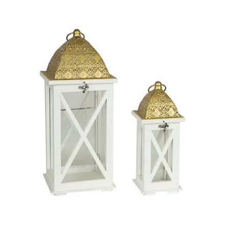 S/2 LANTERNS WOODEN WHITE METAL 22x22x54.5cm/14.5x14.5x37.5cm
