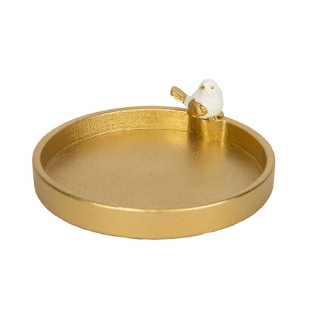 DECORATION PLATE  WITH  BIRD, WOODEN, WHITE-GOLD, 22.4x21.3x6.7cm