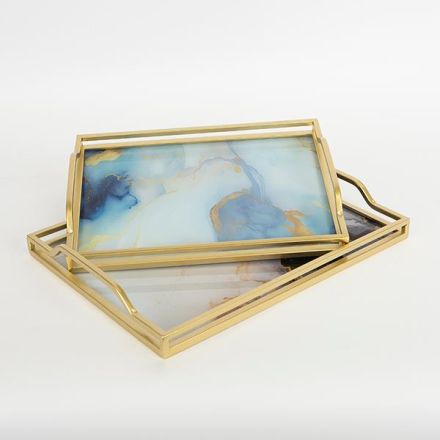 S/2 TRAY METAL WITH MIRROR GOLD - BLUE 40x30x5.5cm / 35x25x4.5cm