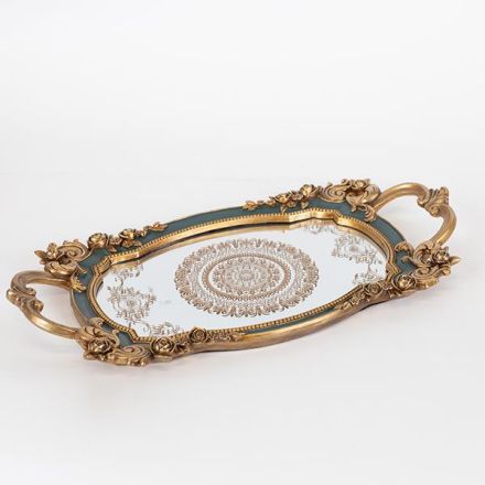 TRAY WITH MIRROR POLYRESIN GOLD - GREEN 47x5.3x24cm