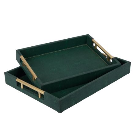 S/2 TRAY PU DARK GREEN 40x30x5cm / 34x24x4.5cm