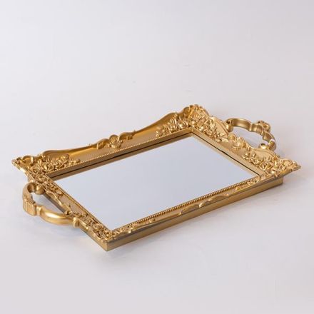 TRAY WITH MIRROR PLASTIC GOLD 33.5x19.5x2cm