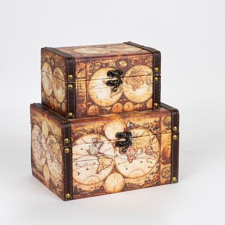 S/2  BOX WOODEN MAP DESIGN 20x14x12cm / 16x11x9cm