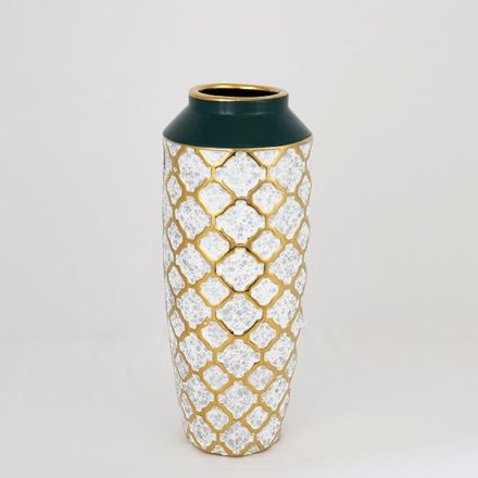 VASE CERAMIC WHITE - GREEN - GOLD 12.5x12.5x31cm