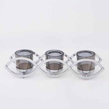 CANDLE HOLDER WITH GREY GLASS METAL CHROME 3 POSITIONS 33x8x8cm