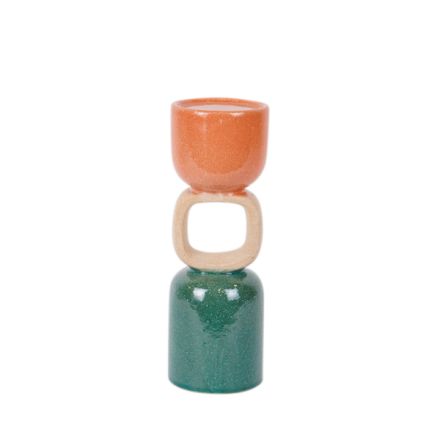 CANDLE HOLDER CERAMIC SALMON-BEIGE-GREEN 9x9x26cm