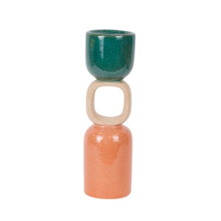 CANDLE HOLDER CERAMIC GREEN-BEIGE-SALMON 9.5x9.5x31.5cm