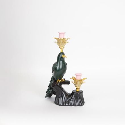 CANDLE HOLDER BIRD POLYRESIN BLACK-GREEN-PINK 1 POSITION 24.5x14x38.5cm