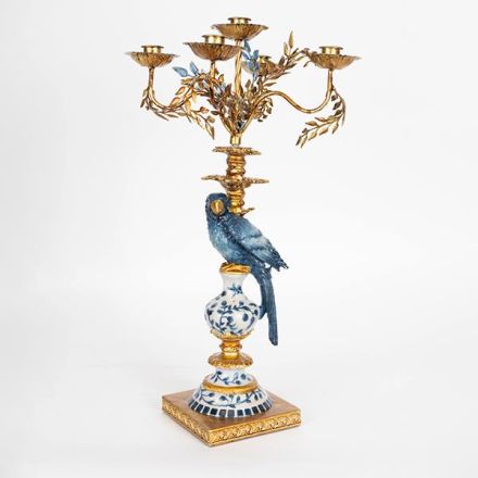 CANDLE HOLDER PARROT POLYRESIN BLUE - BROWN - GOLD 5 POSITIONS 24x24x51.5cm