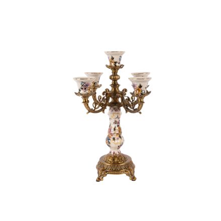 CANDLE HOLDER PORCELAIN WHITE WITH GOLD FLOWERS 29x29x38cm