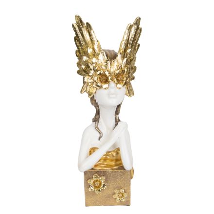 DECORATIVE SCULPTURE RESIN FEMALE WITH MASK GOLD-WHITE 14.5x14x41cm