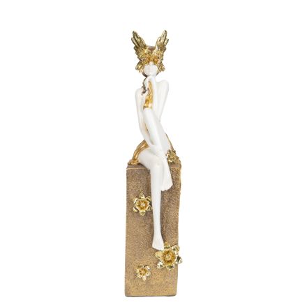 DECORATIVE SCULPTURE RESIN FEMALE WITH MASK WHITE-GOLD 8.5x11x39cm