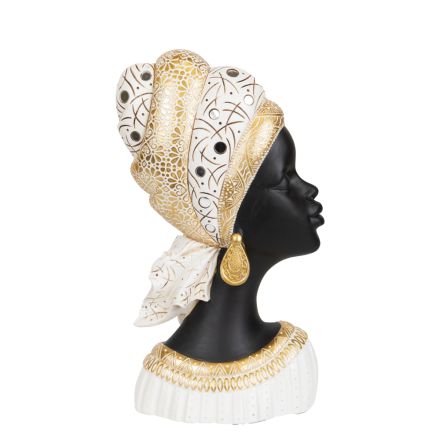DECORATIVE SCULPTURE RESIN FEMALE IN GOLD TURBAN WHITE-BLACK-GOLD 22x11.5x38.5cm