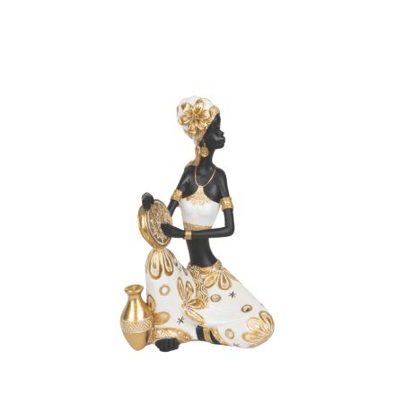 DECORATIVE SCULPTURE RESIN SEATING FEMALE WHITE-GOLD-BLACK14x9x22.5cm