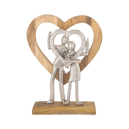 DECORATION COUPLE IN  WOODEN  HEART WOOD-ALUMINIUM SILVER-NATURAL 25x5x32cm