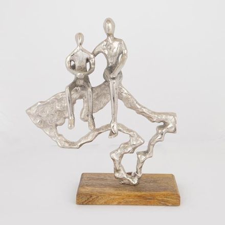 DECORATION COUPLE IN  WOODEN  HEART WOOD-ALUMINIUM SILVER-NATURAL 29x10x38cm