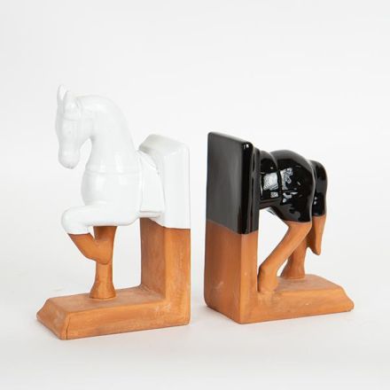 S/2 BOOKEND CERAMIC HORSE TERRACOTTA-BLACK-WHITE 23.5x7.2x20.5cm