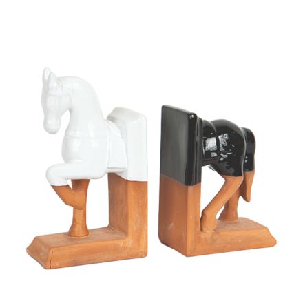 S/2 BOOKEND CERAMIC HORSE TERRACOTTA-BLACK-WHITE 23.5x7.2x20.5cm